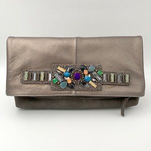 Game Changer Beaded Convertible Leather Clutch / Shoulder Bag Pewter